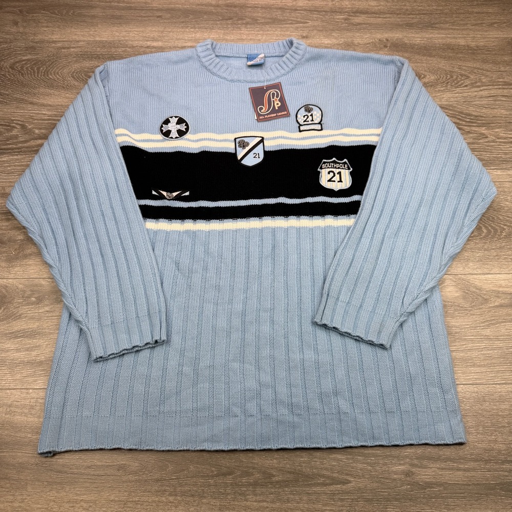 Vintage Southpole Sweater Mens XXL Sky Blue Y2K Hip Hop Rap Skater Patches Crew